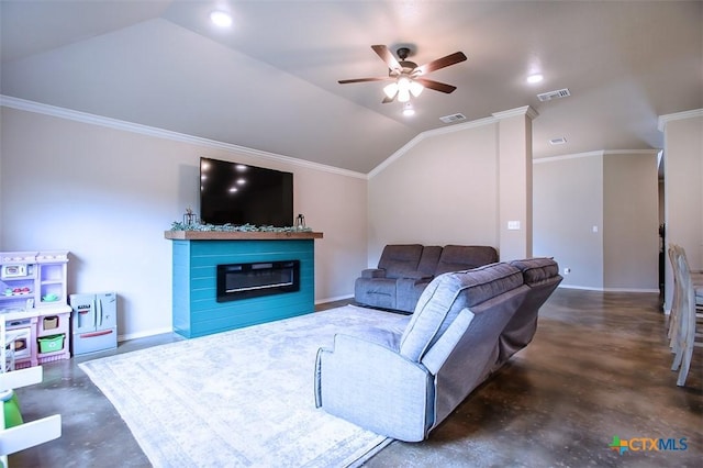 living room with ceiling fan, ornamental molding, and vaulted ceiling