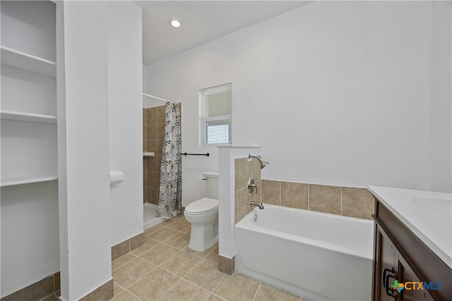 full bathroom with vanity, separate shower and tub, tile patterned floors, and toilet