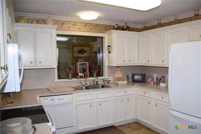 kitchen featuring white cabinetry, white appliances, sink, and crown molding