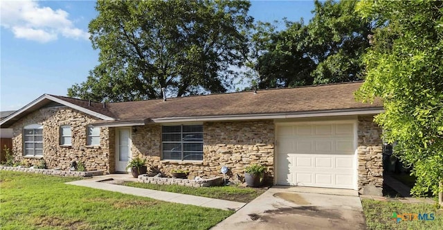 211 Balboa Dr, Universal City, TX 78148 - single story home featuring stone siding, an attached garage, driveway, and a front lawn