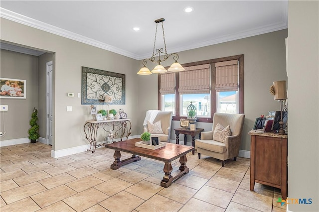 3 Sago Dr, Port Lavaca, TX 77979 - living area with crown molding, light tile patterned floors, baseboards, and recessed lighting