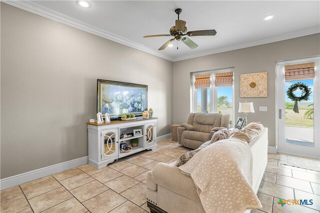3 Sago Dr, Port Lavaca, TX 77979 - living room with a ceiling fan, ornamental molding, light tile patterned flooring, baseboards, and recessed lighting