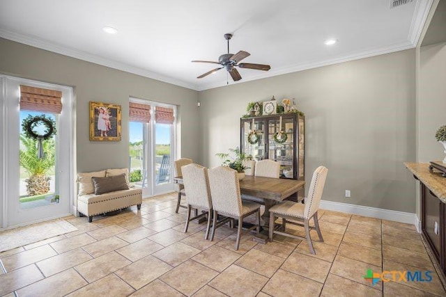 3 Sago Dr, Port Lavaca, TX 77979 - dining room with plenty of natural light, ceiling fan, ornamental molding, recessed lighting, and baseboards