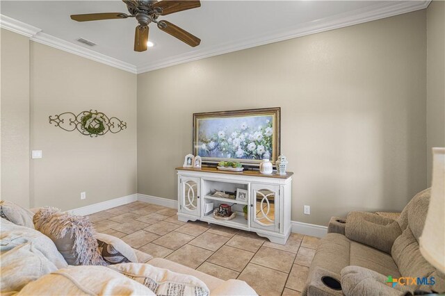 3 Sago Dr, Port Lavaca, TX 77979 - living room with baseboards, crown molding, a ceiling fan, light stone finish flooring, and recessed lighting