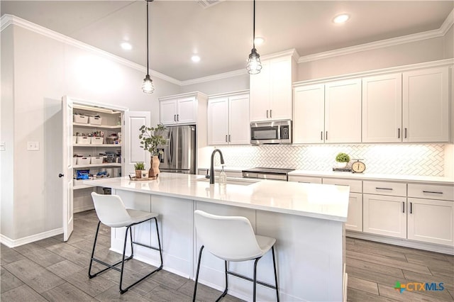 kitchen with sink, stainless steel appliances, an island with sink, and white cabinets