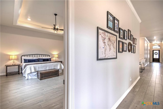 corridor featuring crown molding, light hardwood / wood-style floors, and a raised ceiling