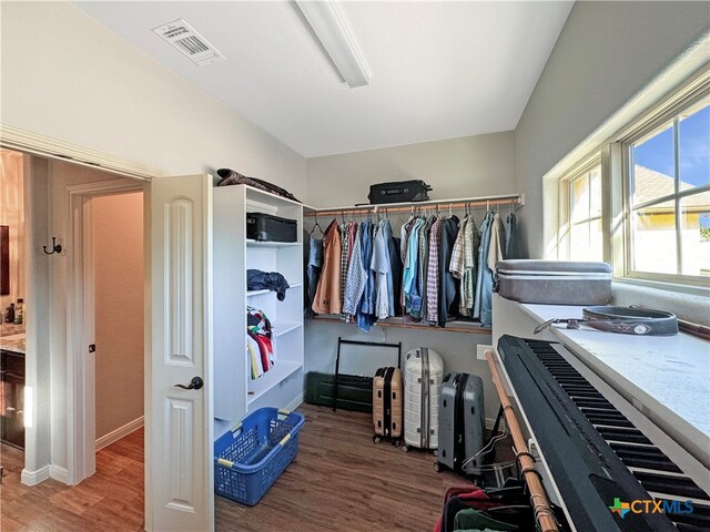 walk in closet with dark hardwood / wood-style flooring