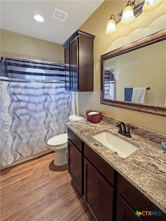 bathroom with vanity, hardwood / wood-style flooring, and toilet