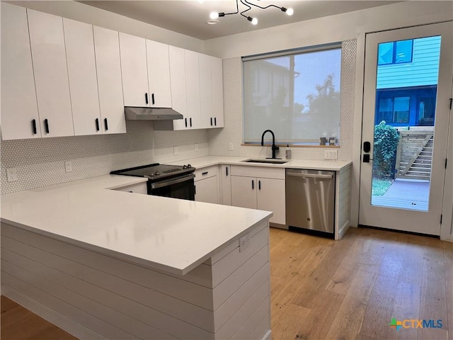 kitchen with backsplash, white cabinets, sink, appliances with stainless steel finishes, and kitchen peninsula