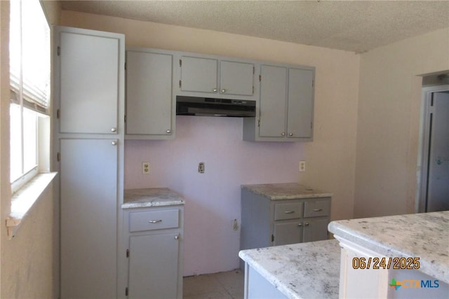 2101 Stagecoach Trl, Temple, TX 76502 - kitchen featuring under cabinet range hood, gray cabinetry, and a textured ceiling