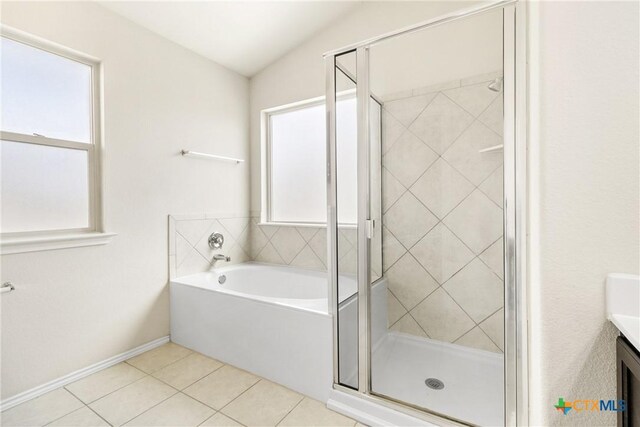 6500 Mustang Creek Rd, Killeen, TX 76549 - full bathroom with a stall shower, vanity, a bath, tile patterned flooring, and baseboards