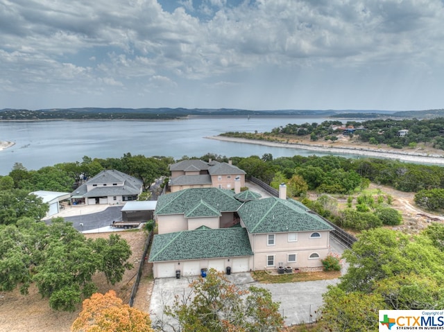 drone / aerial view featuring a water view