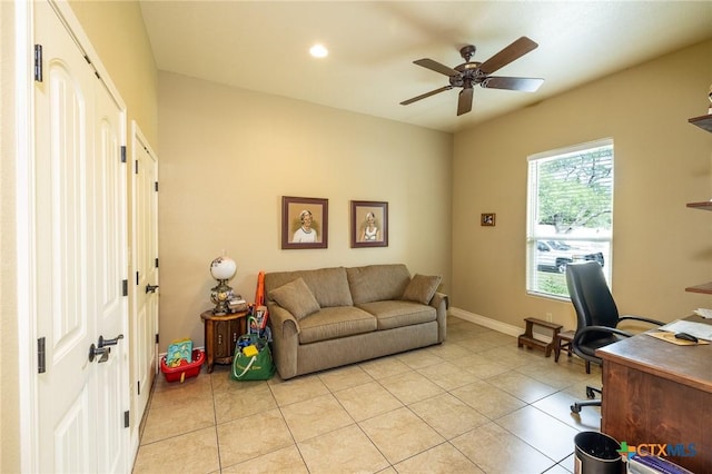 office featuring recessed lighting, light tile patterned flooring, a ceiling fan, and baseboards