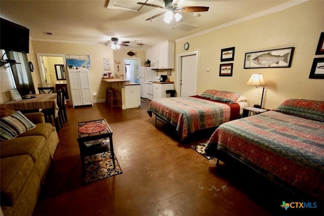 bedroom with a ceiling fan, finished concrete flooring, baseboards, and ornamental molding