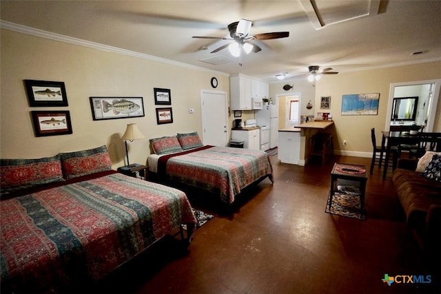 bedroom featuring ornamental molding, finished concrete flooring, freestanding refrigerator, baseboards, and attic access