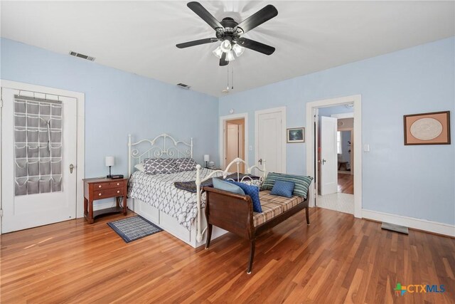 505 N 7th St, Temple, TX 76501 - bedroom with light wood finished floors, ceiling fan, and visible vents