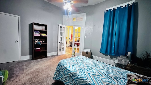 carpeted bedroom featuring ceiling fan and french doors