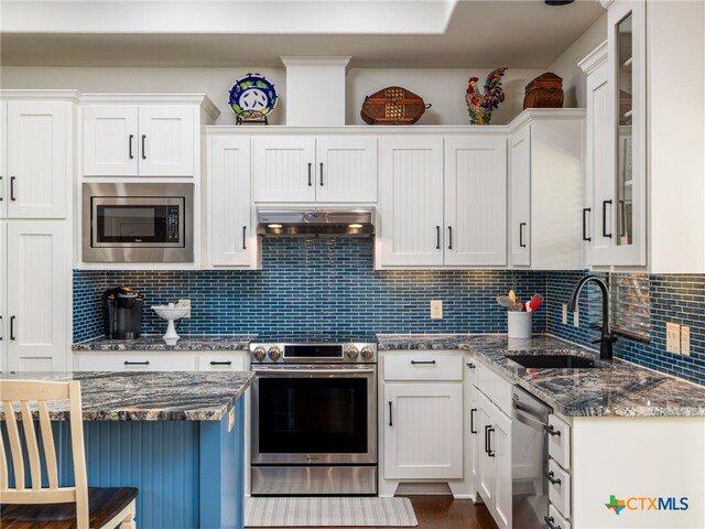 2091 County Road 100, Burnet, TX 78611 - kitchen with appliances with stainless steel finishes, a sink, exhaust hood, white cabinetry, and decorative backsplash
