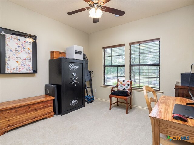 2091 County Road 100, Burnet, TX 78611 - home office with light carpet, ceiling fan, and baseboards