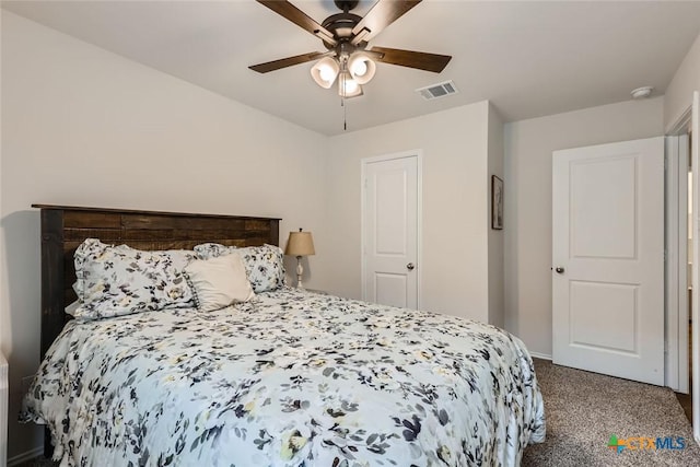 bedroom featuring carpet flooring and ceiling fan