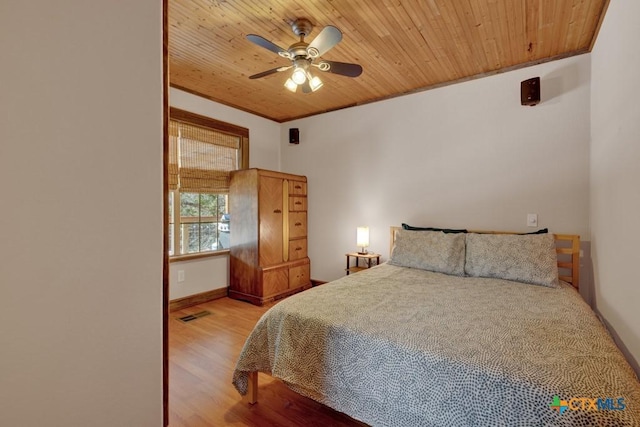 bedroom featuring hardwood / wood-style flooring, ceiling fan, ornamental molding, and wooden ceiling