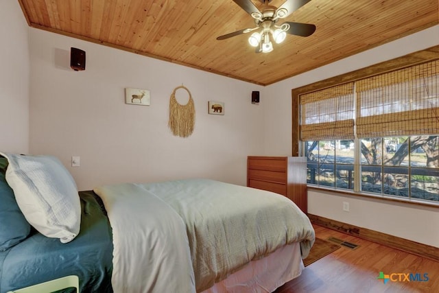 bedroom featuring wood ceiling, ornamental molding, ceiling fan, and hardwood / wood-style flooring