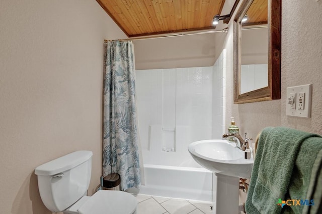 bathroom featuring shower / bath combo, wooden ceiling, tile patterned floors, and toilet