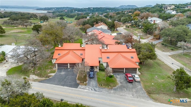 aerial view featuring a water view