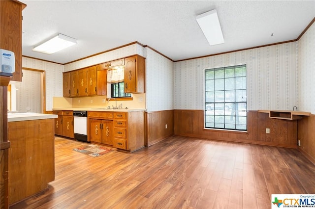 kitchen featuring hardwood / wood-style floors, sink, crown molding, and a textured ceiling