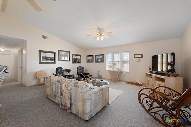 carpeted living room featuring lofted ceiling and ceiling fan