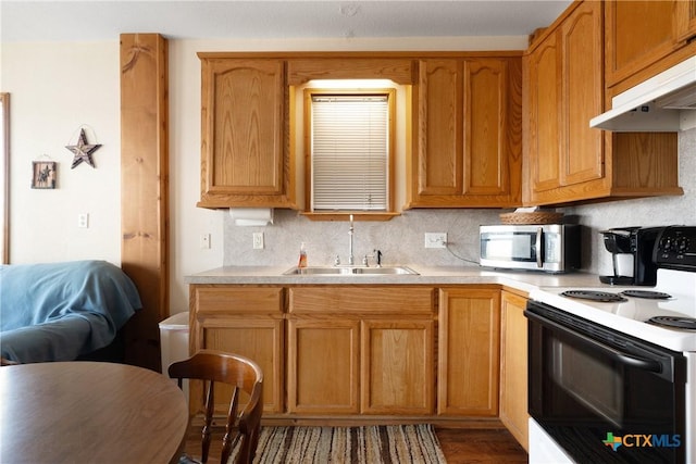 kitchen with electric stove, hardwood / wood-style floors, sink, and decorative backsplash