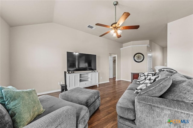 7831 Redbrush, Temple, TX 76502 - living room featuring ceiling fan, wood finished floors, lofted ceiling, and baseboards