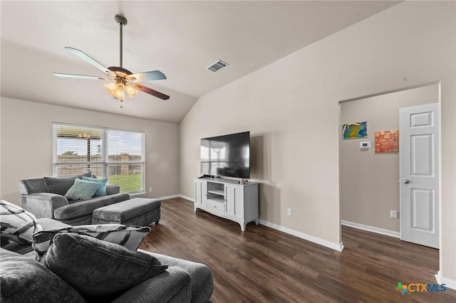 7831 Redbrush, Temple, TX 76502 - living area with a ceiling fan, dark wood-style floors, vaulted ceiling, and baseboards
