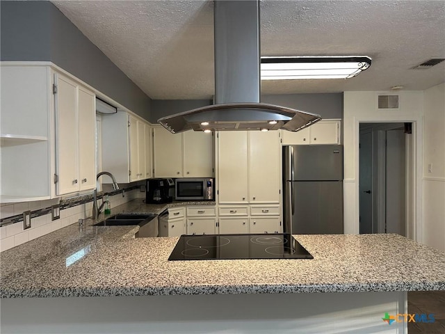 kitchen with island exhaust hood, a peninsula, appliances with stainless steel finishes, and a sink