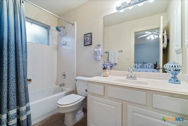 1800 Bluffwood Pl, Round Rock, TX 78665 - ensuite bathroom with toilet, shower / bath combo, a ceiling fan, and vanity