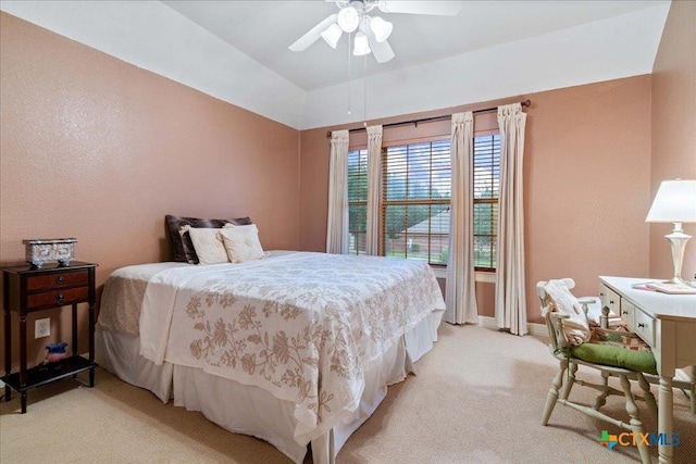 1800 Bluffwood Pl, Round Rock, TX 78665 - bedroom featuring light carpet, lofted ceiling, baseboards, and ceiling fan