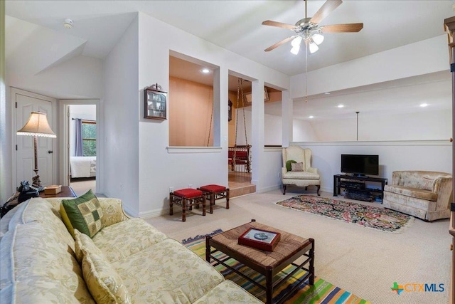 1800 Bluffwood Pl, Round Rock, TX 78665 - carpeted living area with ceiling fan, baseboards, and recessed lighting