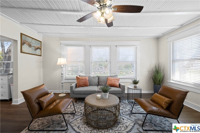 living area featuring ceiling fan, dark hardwood / wood-style floors, and plenty of natural light