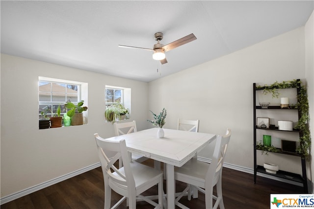 dining room with ceiling fan and dark hardwood / wood-style floors