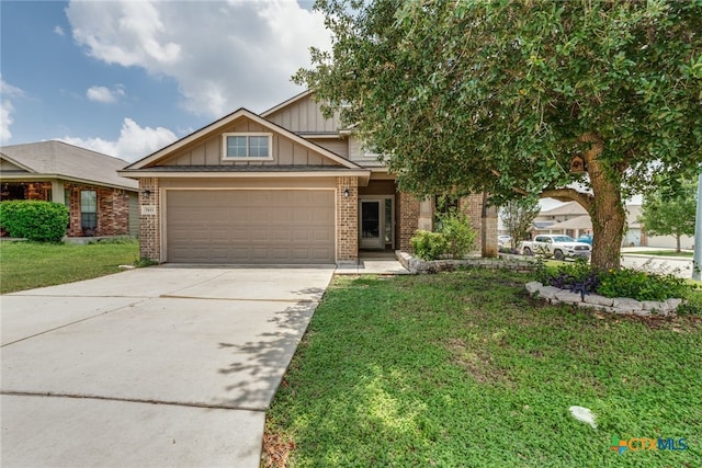 7631 Sterling Mnr, Converse, TX 78109 - view of front of home with brick siding, board and batten siding, concrete driveway, a garage, and a front lawn