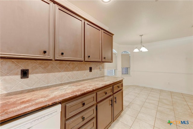 4700 Aurora Cir, Killeen, TX 76542 - kitchen featuring a chandelier, decorative backsplash, white dishwasher, and pendant lighting