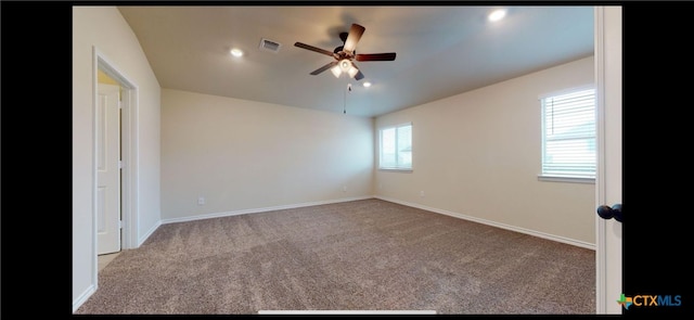 empty room with visible vents, baseboards, carpet, recessed lighting, and a ceiling fan