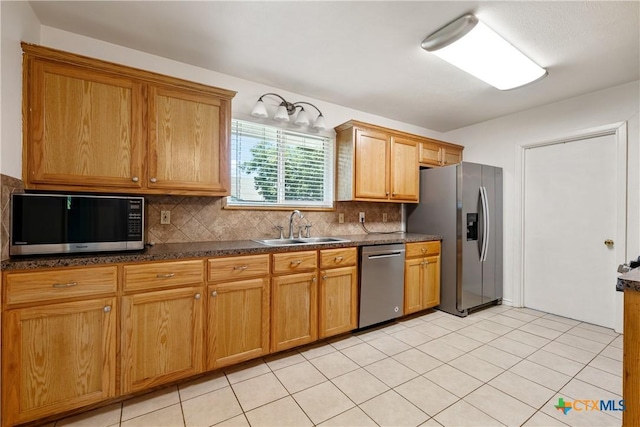 kitchen featuring stainless steel appliances, dark countertops, a sink, and backsplash