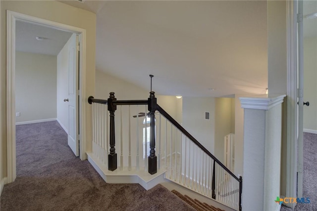 staircase featuring carpet and vaulted ceiling