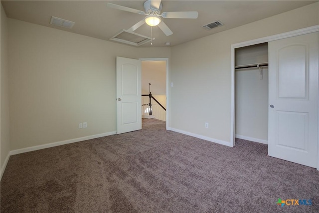 unfurnished bedroom with a closet, ceiling fan, and carpet floors