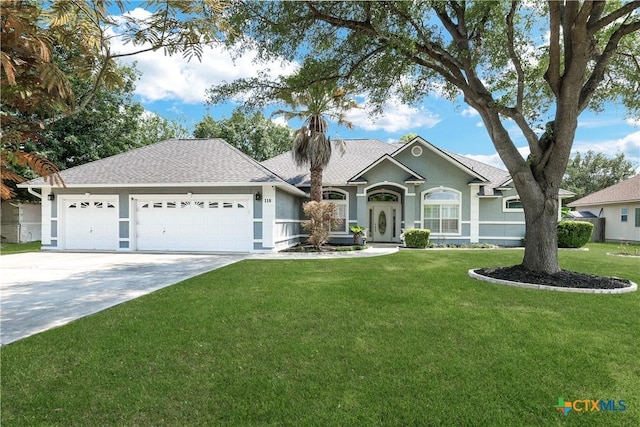 110 Agua Verde, Seguin, TX 78155 - ranch-style home with an attached garage, concrete driveway, a front yard, stucco siding, and roof with shingles