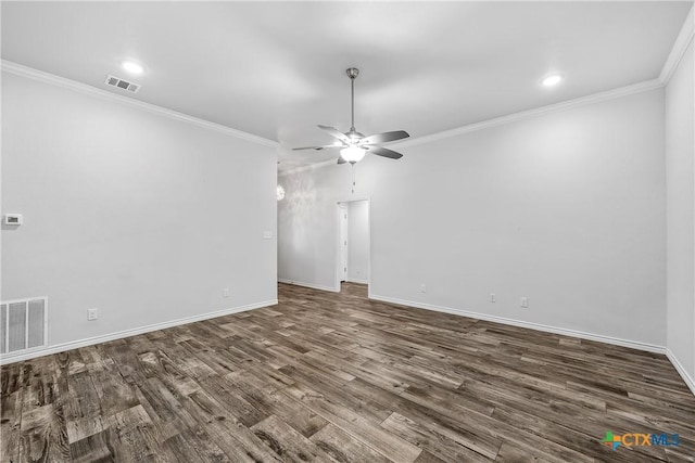 interior space featuring crown molding, dark wood-type flooring, and ceiling fan