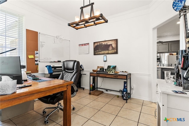 office area with crown molding, light tile patterned flooring, and a chandelier