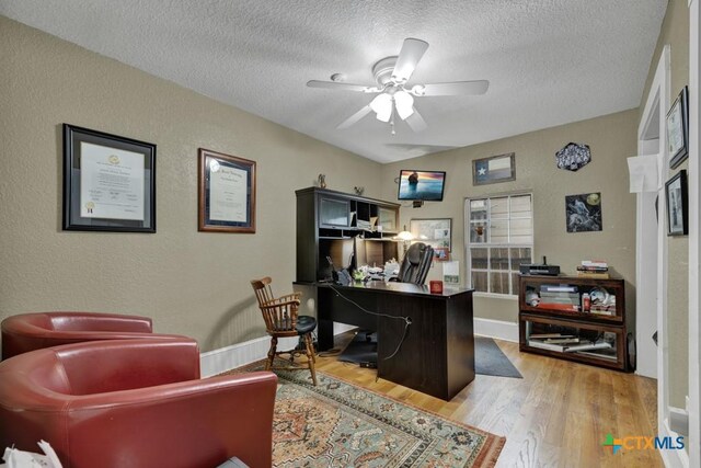 608 S Guadalupe St, San Marcos, TX 78666 - home office with light wood finished floors, a textured ceiling, ceiling fan, and a textured wall