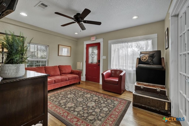 608 S Guadalupe St, San Marcos, TX 78666 - living room with ceiling fan, plenty of natural light, wood finished floors, a textured ceiling, and recessed lighting